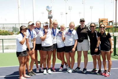 Female tennis players celebrating with a trophy
